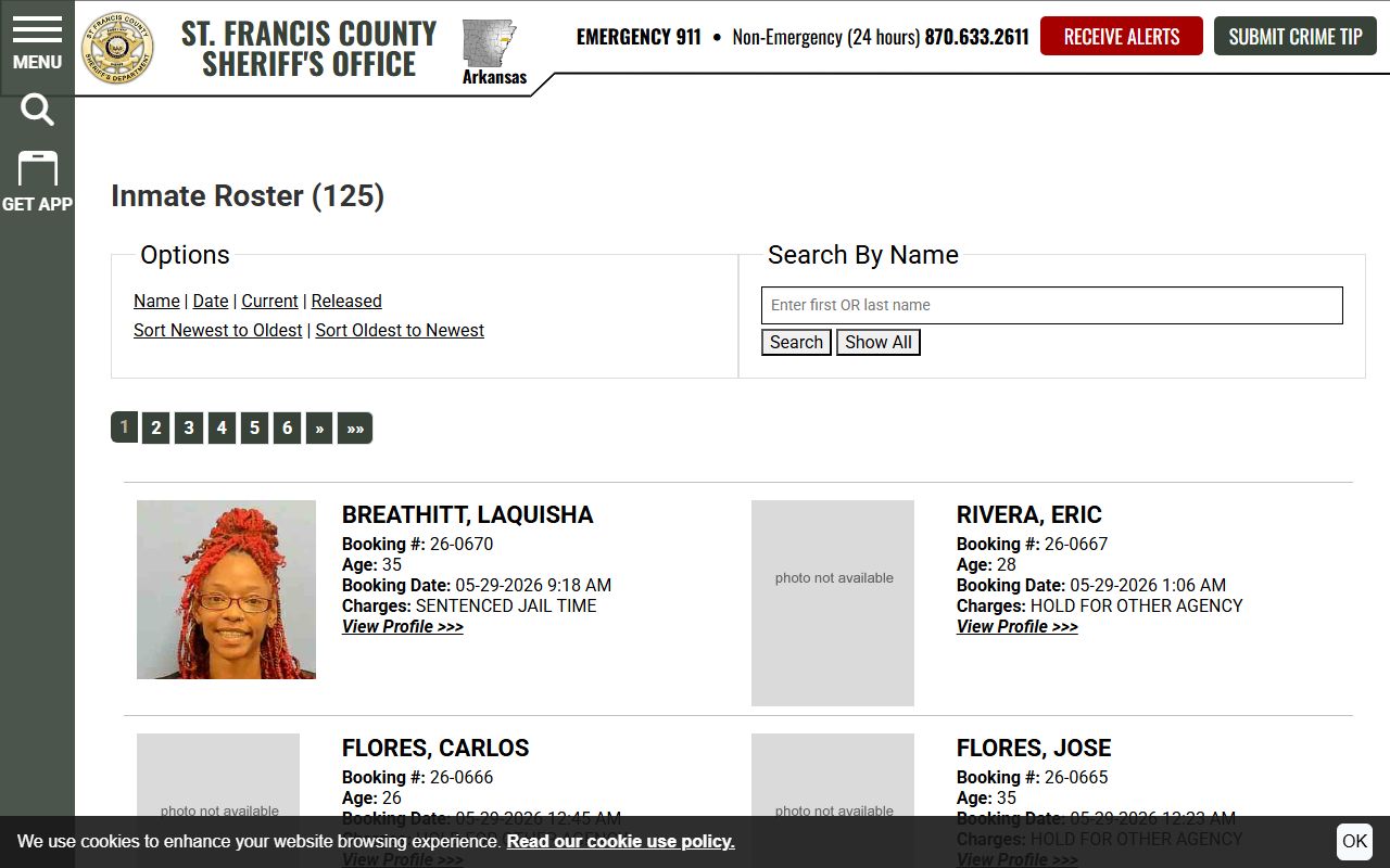 St. Francis County inmate records current jail roster with booking cards