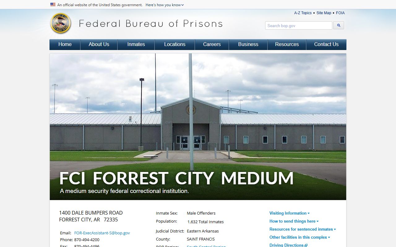 FCI Forrest City Medium BOP inmate search and facility information source